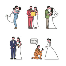 Outline Style Wedding Couple Pose Character Set. Flat Design Style Minimal Vector Illustration.