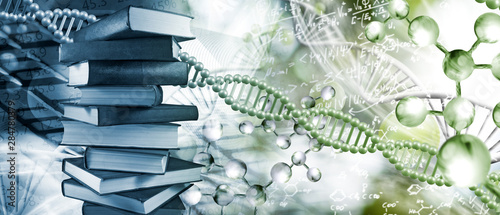 Cuadros en Lienzo Stack of books depicted on DNA background closeup