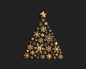 Golden snowflakes in the shape of a Christmas tree on black
