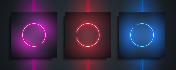 Poster - Neon circle frames set. Night bright neon lamp, glowing light circle on black background for your design. Vector illustration.