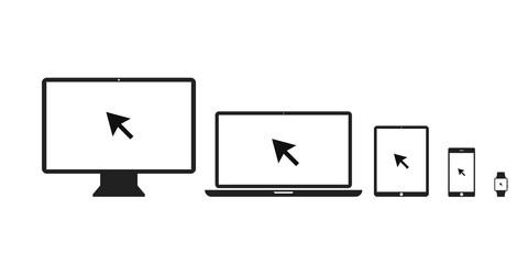 Poster - personal comouter laptop tablet smartphone and watch with pointer or cursor icon isolated. notebook 