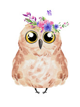 Cute Owl In Floral Wreath. Watercolor Owl Set