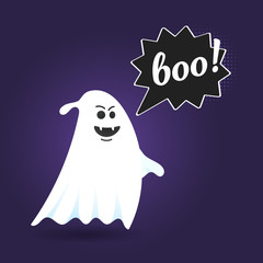 Wall Mural - Flying halloween funny spooky ghost character say BOO with text space in the speech bubble vector illustration isolated on dark background