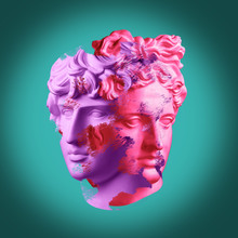 Modern Conceptual Art Poster With Ancient Statue Of Bust Of Antinous And Apollo. Collage Of Contemporary Art.
