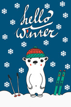 Cute Cartoon Skiing Polar Bear. Funny Christmas Postcard Design. Hello Winter Christmas Slogan. Polar Bear In Scarf And Hat Skiing. Winter Sport Animal. Merry Xmas.