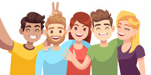 People Group Selfie. Guy Takes Group Photo With Smiling Friends On Smartphone In Hands Vector Cartoon Friendly Characters