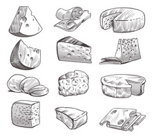 Sketch Cheese. Various Types Of Cheeses. Fresh Cheddar, Feta And Parmesan Dairy Snack. Hand Drawn Retro Vector Isolated Set