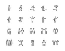 People Flat Line Icons Set. Person Walking, Running, Jumping, Climbing Stairs, Happy Man, Company Leader, Friends Hugs Vector Illustrations. Human Outline Signs. Pixel Perfect 64x64. Editable Strokes