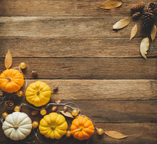 Thanksgiving Background, Pumpkin, Leaves And Decoration On Wood Table Background With Copy Space. Flatlay