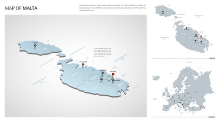 Vector set of Malta country.  Isometric 3d map, Malta map, Europe map - with region, state names and city names.