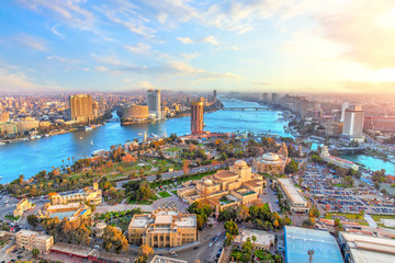 Cairo downtown and the Nile river, aerial view, Egypt