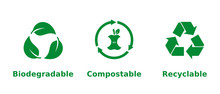 Biodegradable, Compostable, Recyclable Icon Set. Three Green Recycling Symbols On White Background. Zero Waste,nature Protection,eco Friendly,sustainability Concept.Vector Illustration,flat,clip Art. 