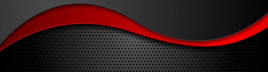 abstract composition of red and black waves on dark background. metallic perforated texture design. 