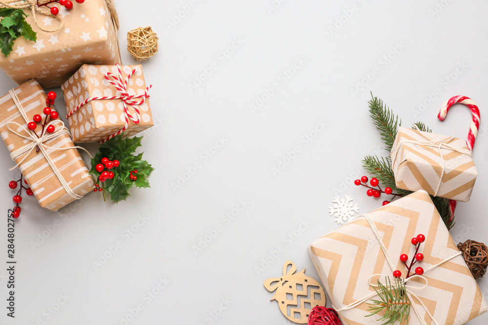 Christmas gift boxes on light background