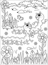 Spring Or Summer Joy Themed Coloring Page With Caterpillars, Flowers, Grass.