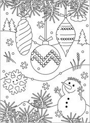 Winter holidays joy themed coloring page with christmas tree ornaments and cute cheerful snowman