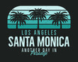 Santa Monica Beach Graphic for T-Shirt, prints. Vintage Los Angeles hand drawn 90s style emblem. Retro summer travel paradise scene, unusual badge. Surfing Adventure Label. Stock vector.