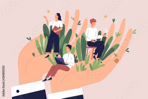 Cuadros en Lienzo Giant hands holding tiny office workers