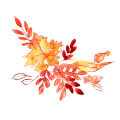 watercolor hand painted orange and yellow autumn leaves. background for design of back to school inv