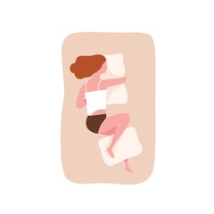 Young woman sleeping on her side and hugging pillow. Cute funny girl falling asleep on comfortable bed. Night relaxation, slumber, rest or nap. Top view. Flat cartoon colorful vector illustration.