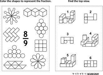 two visual math puzzles and coloring pages. color the shapes to represent the fraction. find the top