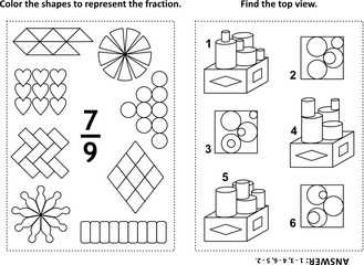 Two visual math puzzles and coloring pages. Color the shapes to represent the fraction. Find the top view. Black and white. Answers included.