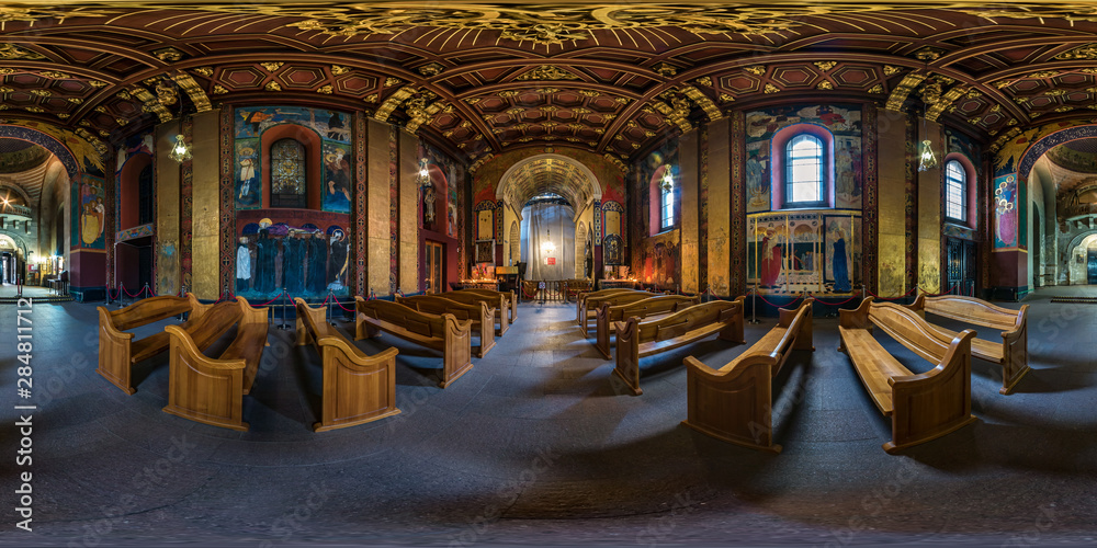 Full spherical seamless hdri panorama 360 degrees inside interior of old Armenian church in equirectangular projection, VR AR content with zenith. VR content - obrazy, fototapety, plakaty 