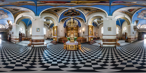 Wall Mural - Full spherical seamless hdri panorama 360 degrees inside interior of old church and onuphrius monastery in equirectangular projection, VR AR content with zenith