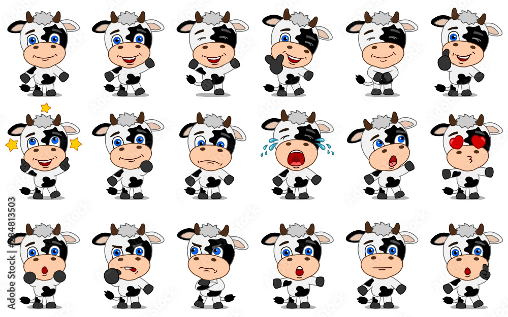 Big set of funny cow in cartoon style in different standing poses and ...