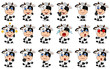 Big set of funny cow in cartoon style in different standing poses and emotions isolated on white background