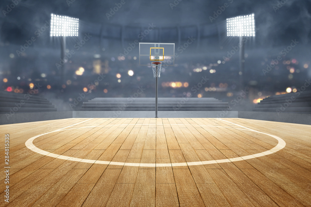 Basketball court with wooden floor, lights reflectors, and tribune - obrazy, fototapety, plakaty 