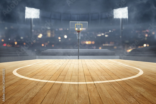 Fotomural Basketball court with wooden floor, lights reflectors, and tribune
