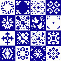  Mexican talavera pattern. Ceramic tiles with flower, leaves and bird ornaments in traditional style from Puebla. Mexico floral mosaic in navy blue and white. Folk art design.