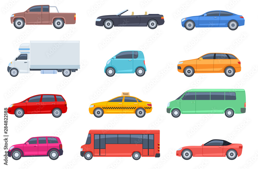 Flat cars set. Taxi and minivan, cabriolet and pickup. Bus and suv, truck. Urban, city cars and vehicles transport vector flat icons. Cabriolet and truck, car and bus, automobile pickup illustration - obrazy, fototapety, plakaty 
