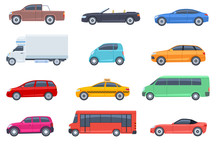 Flat Cars Set. Taxi And Minivan, Cabriolet And Pickup. Bus And Suv, Truck. Urban, City Cars And Vehicles Transport Vector Flat Icons. Cabriolet And Truck, Car And Bus, Automobile Pickup Illustration