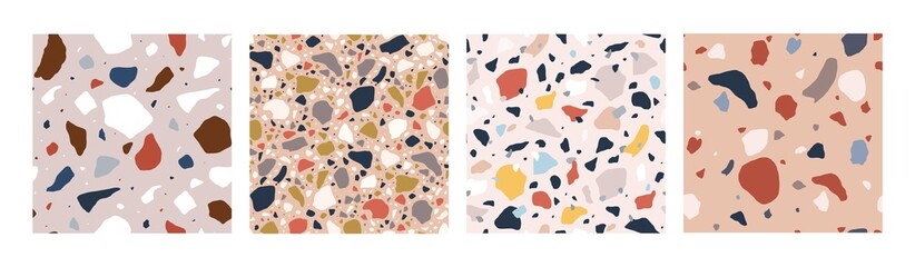 Bundle of decorative Italian terrazzo textures. Set of motley seamless patterns with colorful mineral rock pieces or fragments. Modern vector illustration for wrapping paper, fabric print, flooring.