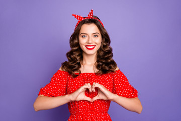 Sticker - Pretty lady holding arms in heart figure expressing safety cardiology wear red dress isolated purple background