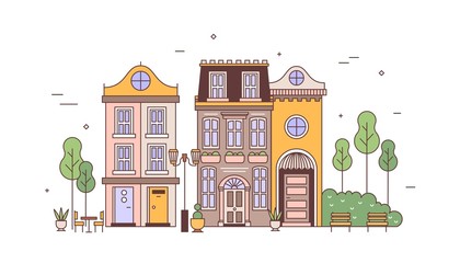 Fototapete - Exterior view of elegant residential buildings of European architecture. Urban landscape or cityscape with district of exquisite living houses. City real estate. Vector illustration in linear style.