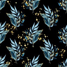 Seamless Pattern With Blue Leaves. Background For Wrapping Paper, Wall Art Design