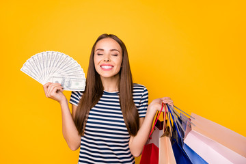 Poster - Photo of pretty lady with many packs and bucks currency wear striped white blue dress isolated yellow background