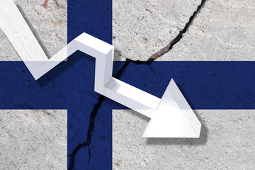 Finland Flag on the cracked wall with arrow falling down. Concept of decrease in the country.