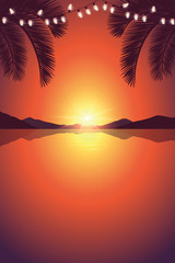 romantic sunset at sea with palm tree and fairy light vector illustration eps10