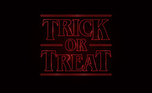Trick Or Treat, Halloween Text Design With Red Glow Text On Black Background. 80's Style, Eighties Design. Vector Illustration