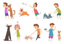 Kids With Dogs. Happy Children Playing Hugging Their Funny Pets Vector Cartoon Puppy Dog Domestic Animals. Girl And Boy With Puppy, Person Child Cheerful Playing With Happy Pet Illustration
