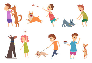 Sticker - Kids with dogs. Happy children playing hugging their funny pets vector cartoon puppy dog domestic animals. Girl and boy with puppy, person child cheerful playing with happy pet illustration