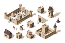 Medieval Buildings. Ancient Architectural Objects Village And Castles Vector Isometric For Games. Illustration Medieval Town And City Building, Wall And Fortress
