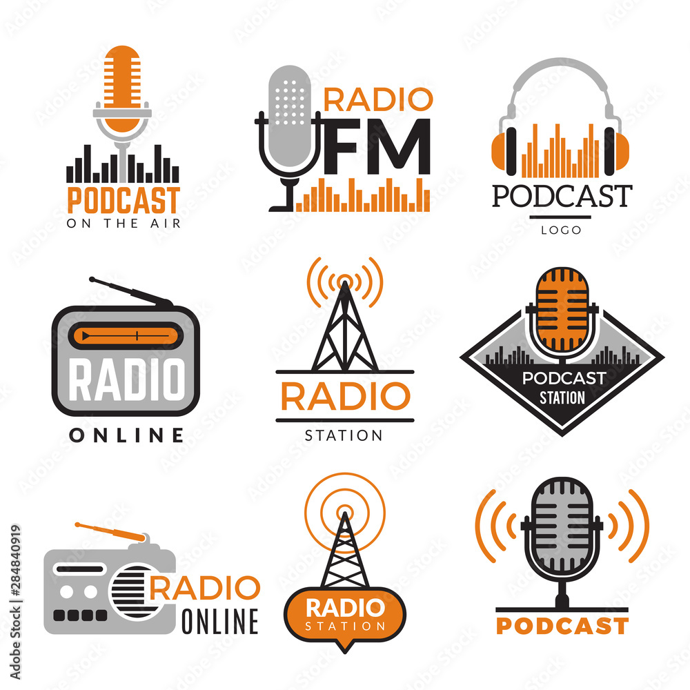 Radio logo. Podcast towers wireless badges radio station symbols vector collection. Illustration wireless radio station emblem