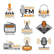 Radio Logo. Podcast Towers Wireless Badges Radio Station Symbols Vector Collection. Illustration Wireless Radio Station Emblem