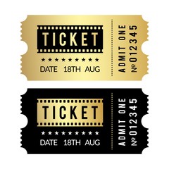 Wall Mural - Golden ticket set. Cinema, theater, party, museum, event, concert gold and black vector tickets template. Film cinema coupon paper, admit entrance illustration