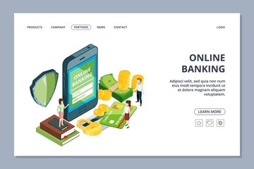 Poster - online banking web page. isometric security concept. vector smartphone, tiny people and money. mobil